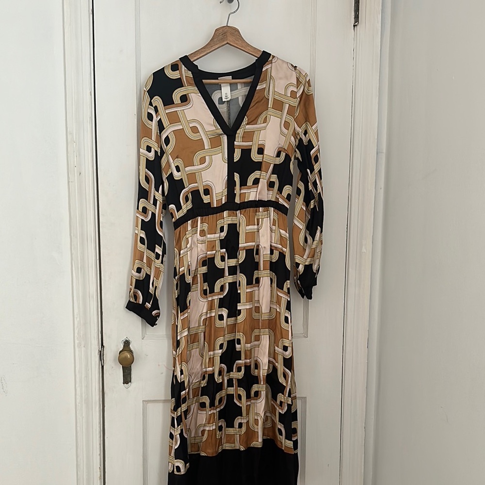 H&M Richard Allen Tan and Black Wrap Dress with Bishop Sleeves
